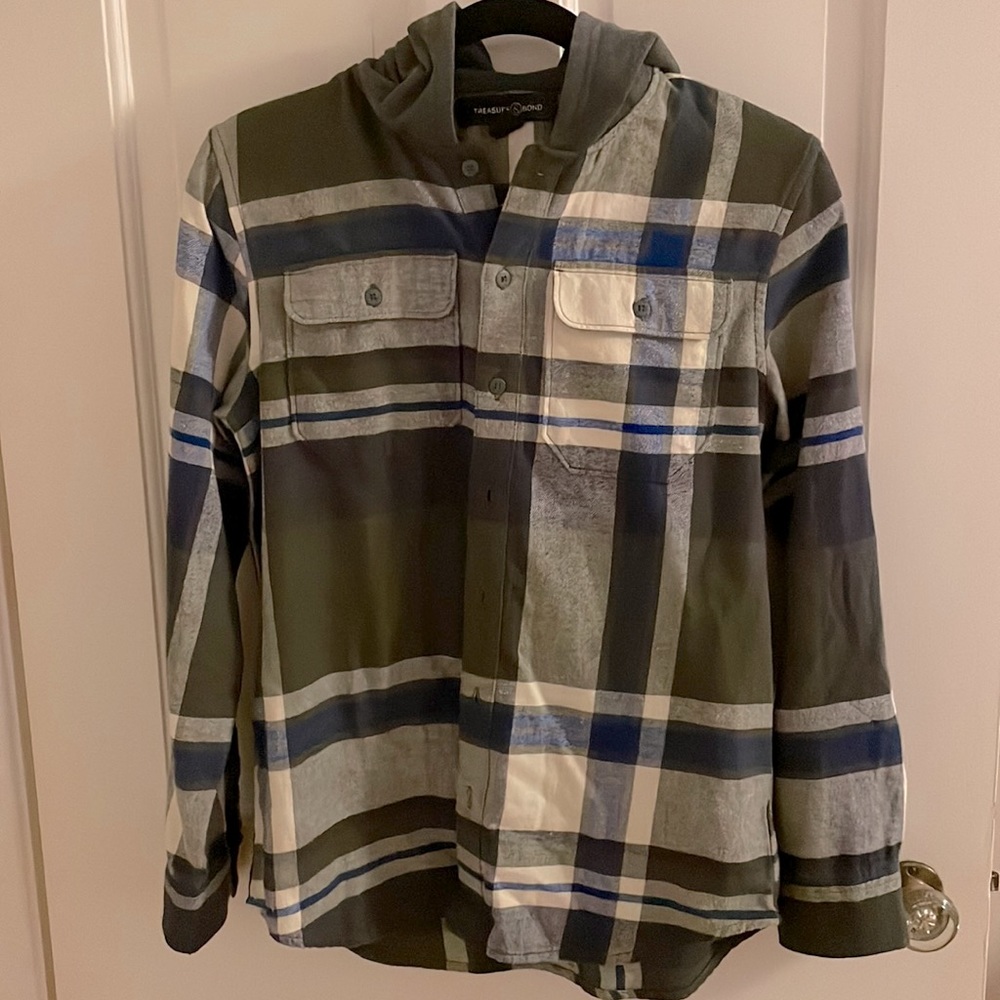 Never worn. Flannel in blue, greens and warm neutrals.  Dark grey knit hood.